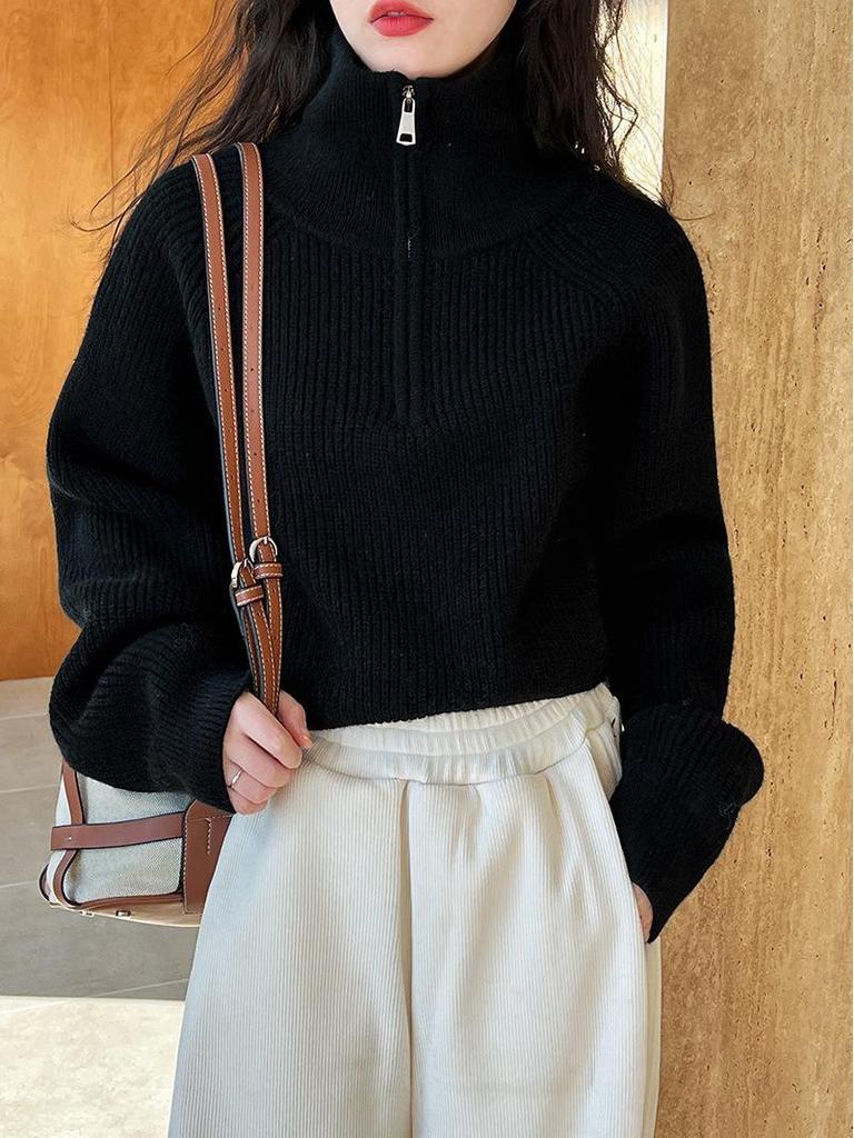 2025 Autumn/Winter Half-Zip High Neck Loose Knit Cardigan Sweater