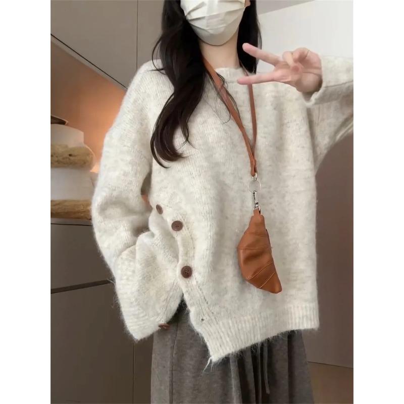 Корейский дизайн ранней осени круглый вырез с разрезом по краю свитер для студенток новый зимний стиль ленивый свитер One size 3248₽