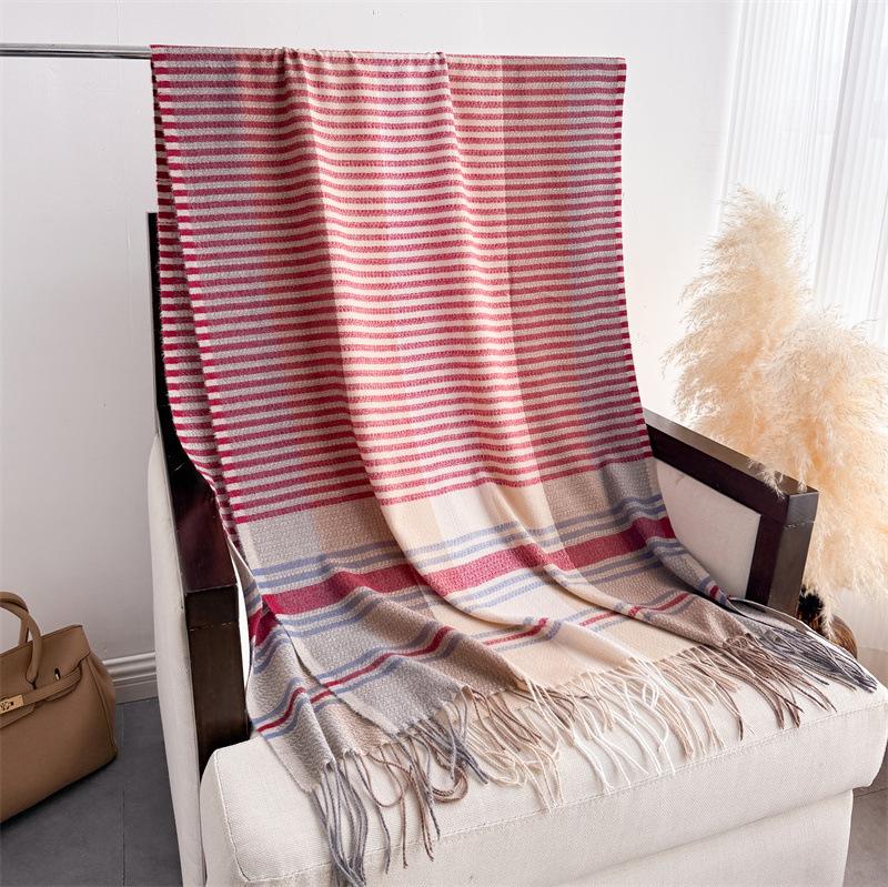 68*206Cm Big Size Winter Women Warm Scarf Thicken Stripe Shawl Imitation Cashmere Travel Pashmina Neckerchief Foulard