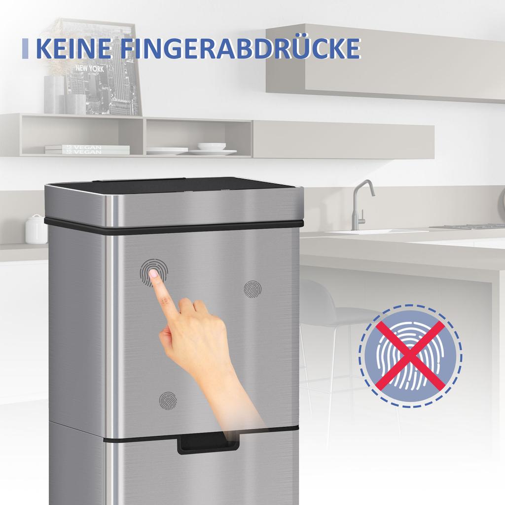 72L Sensor-Recyclingbehälter Edelstahl 3 Fächer für Nass-/Trockenabfall mit abnehmbarem Deckel Küche Zuhause