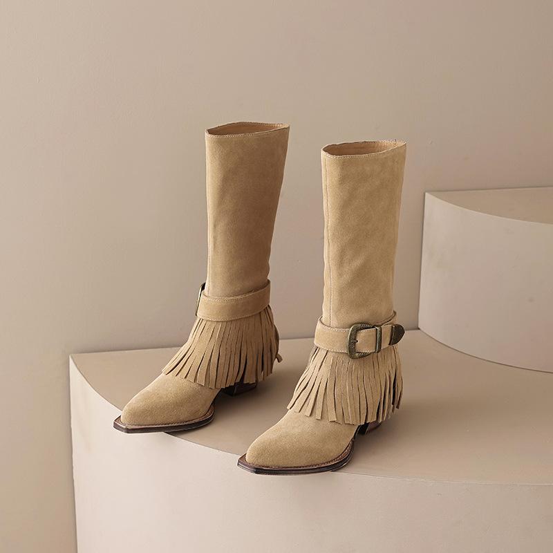 

Европейские и американские осенне-зимние новые сапоги с бахромой средней длины коричневые с острым носком осенние женские сапоги западные сапоги на танкетке 40 абрикосовый