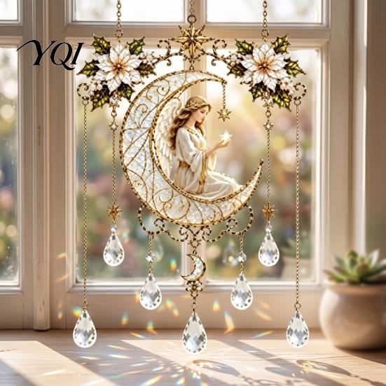Stained Glass Angel Window Hanging Effect Blessing Suncatcher, Acrylic Prayer Decorative Suncatcher Ornament with Faux Crystal Charm for Home