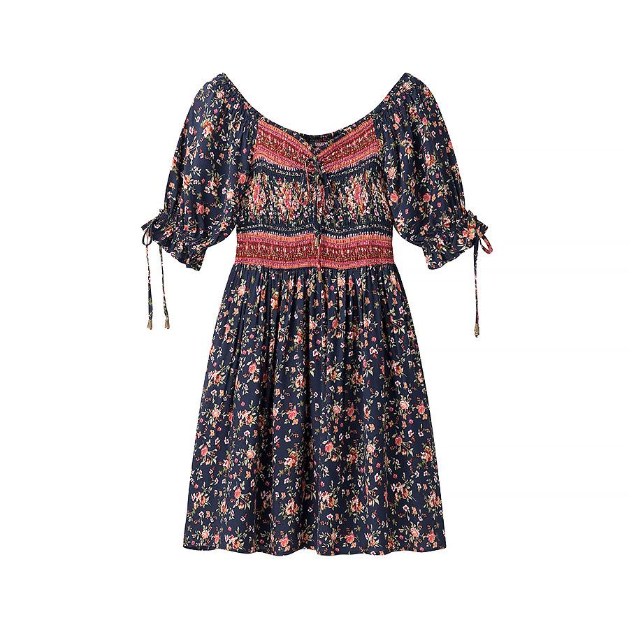 

2025 Spring Women s Dress - European & American Style, Fashion, Print, Elastic Waist, Tie-up L темно-синий