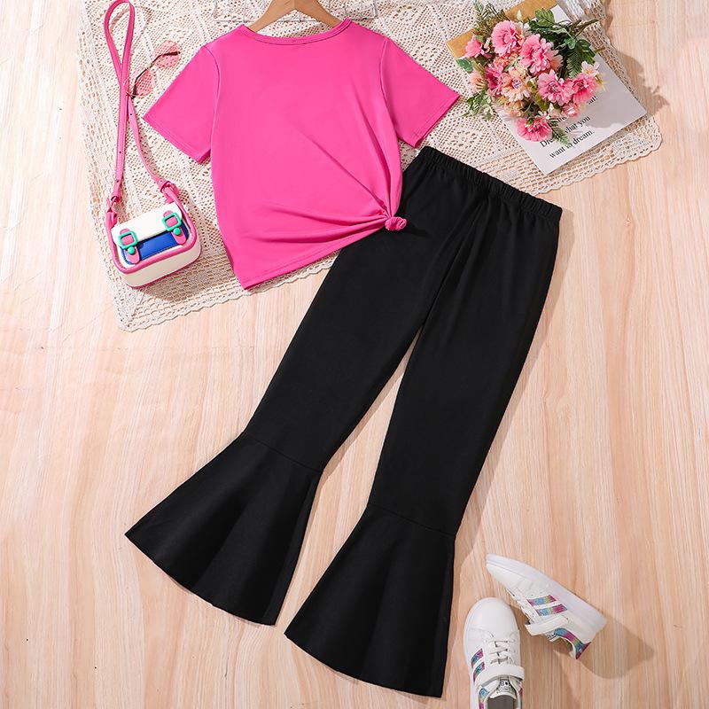 Dívčí módní sada Letní Dětské tričko s krátkým rukávem s potiskem Běžné kalhoty Flare Dvoudílná sada