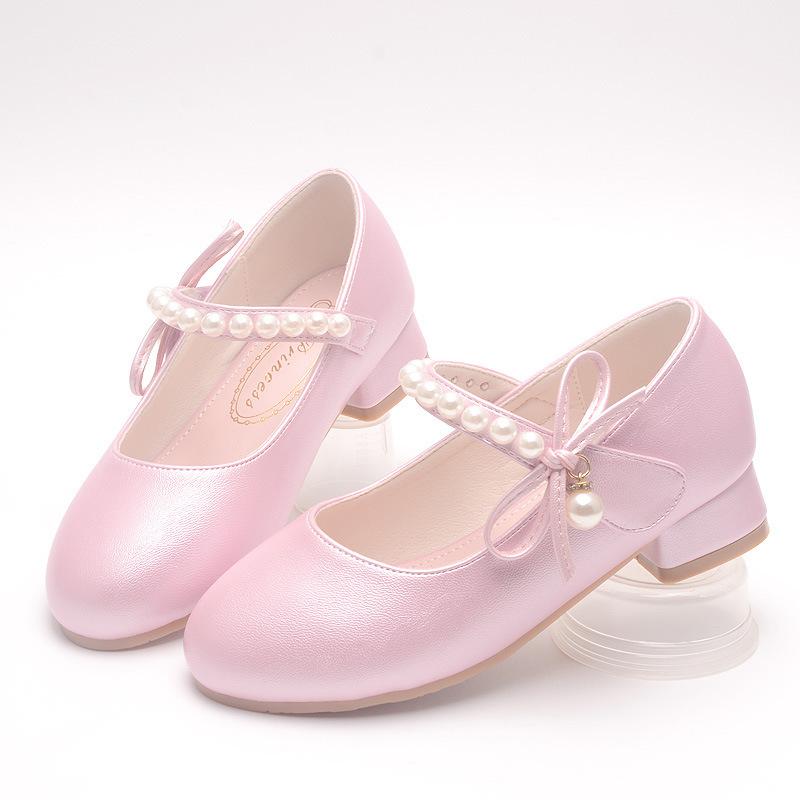 Children's Leather Shoes with White Bows, Spring and Autumn Girls' High-heeled Princess Shoes, Little Girls' Pearl Single Shoes