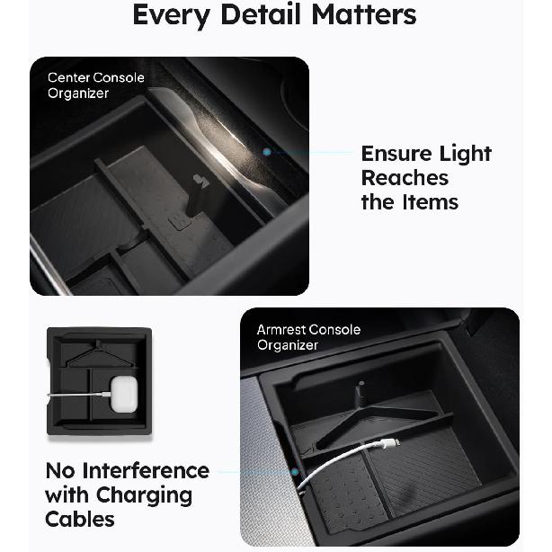 Wigoo Tesla New Model Y Juniper & Model 3 Center Console Organizer [Double Layer Space, Slide Smoothly] Model 3 (2024~2025)/New Model Y Juniper