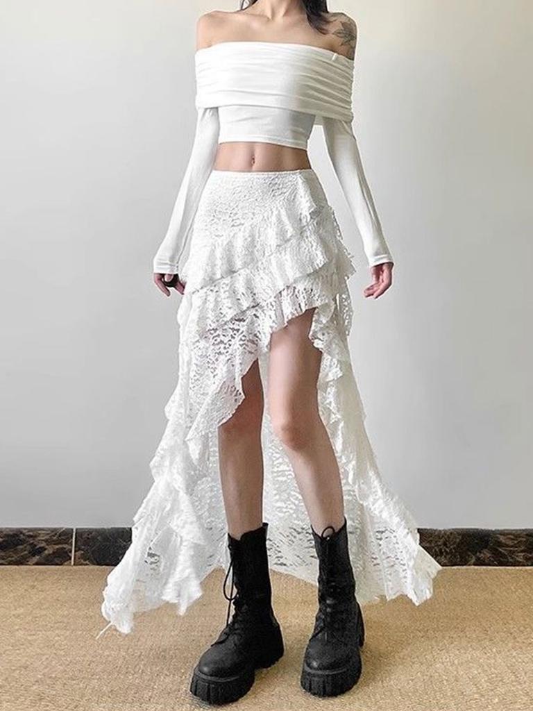 Women's Lace Spliced Skirts Black High Waist Ruffle Irregular Long Skirt Gothic Style Streetwear Summer