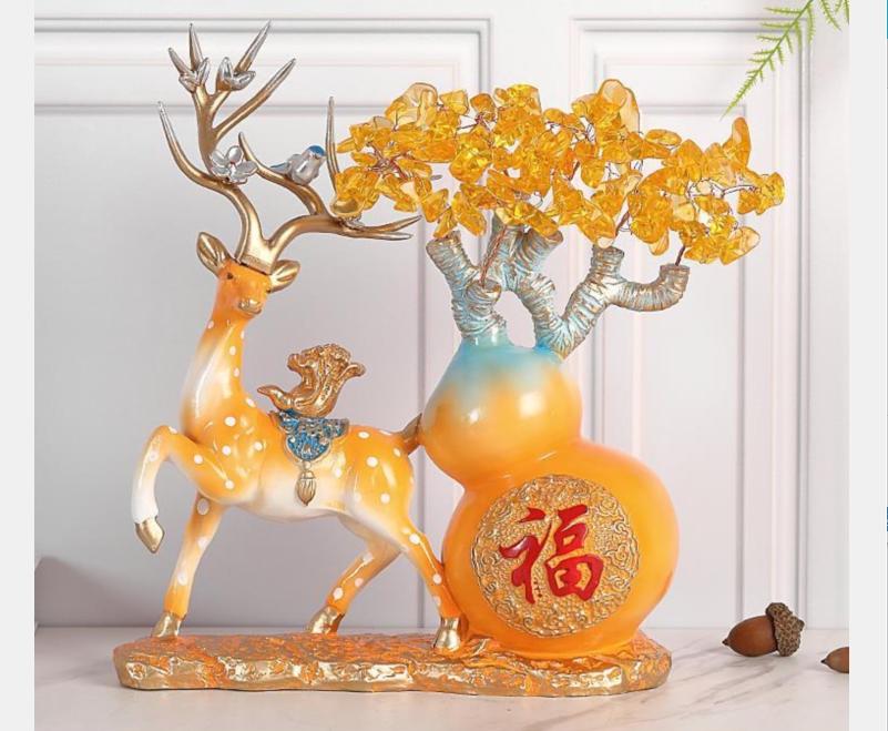 Crystal Wealth Tree Lucky Gourd Apple Elk Deer Resin Ornament Home Foyer Living Room Furnishing Crafts Office Desktop Decoration