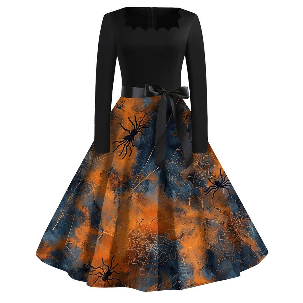 Women's Casual Fashion Halloween Printed Square Neck Vintage Dress