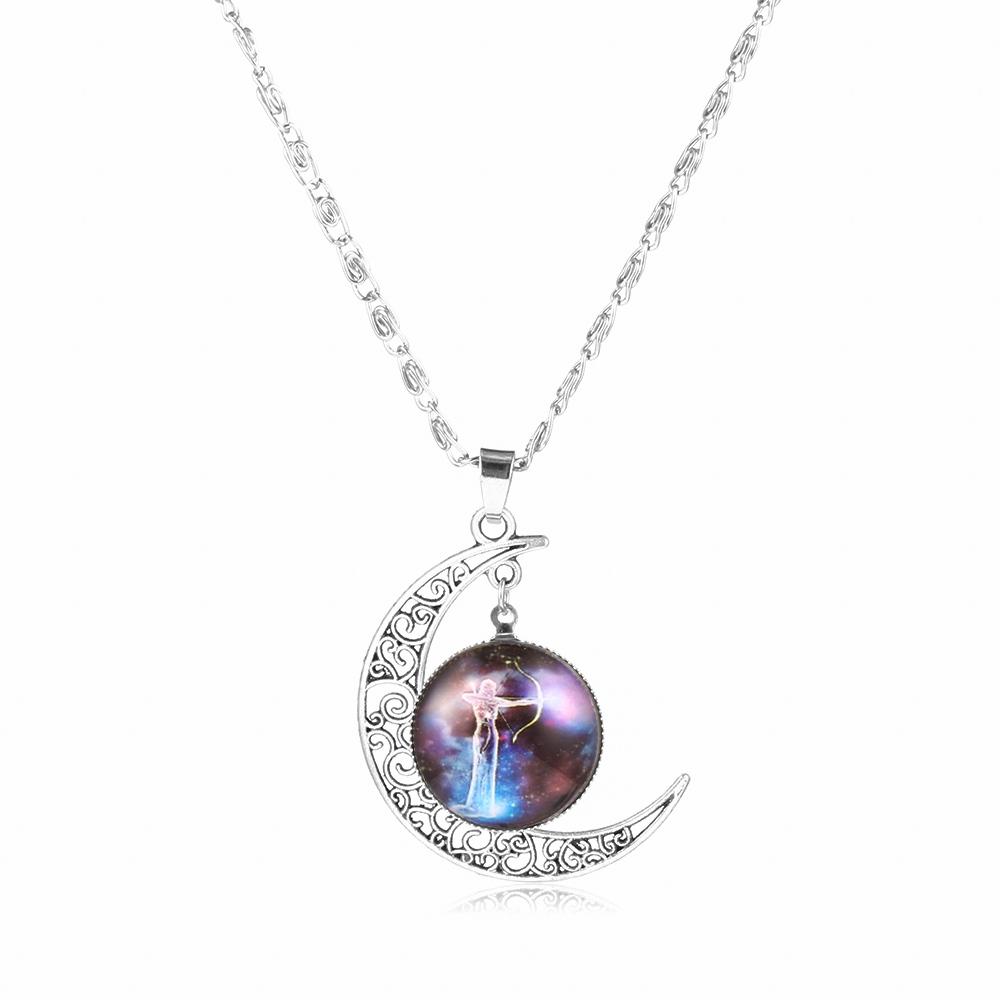 

12 Zodiac Signs Glass Dome Crescent Moon Necklace for Women Aries Taurus Cancer Aquarius Pisces Necklace Fashion Party Jewelry