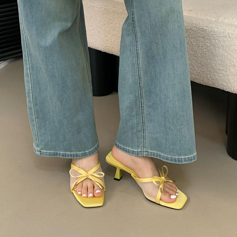 Fashion Fashion Butterfly-Knot Women Thin Heels Pumps Shoes Mesh Footwear Square Toe Ladies Heeled Shoes Female Slides Sandals Pumps