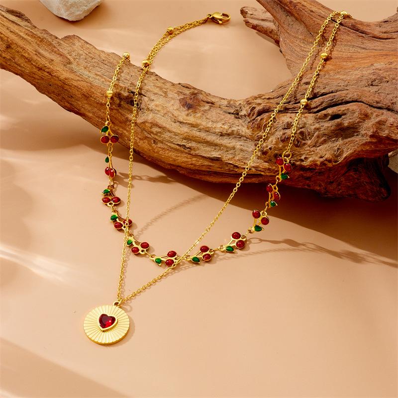 Women's Cross Border European American Stacked Retro Double Layer Chain Diamond Inlaid Dripping Oil Cherry Fruit Heart Necklace