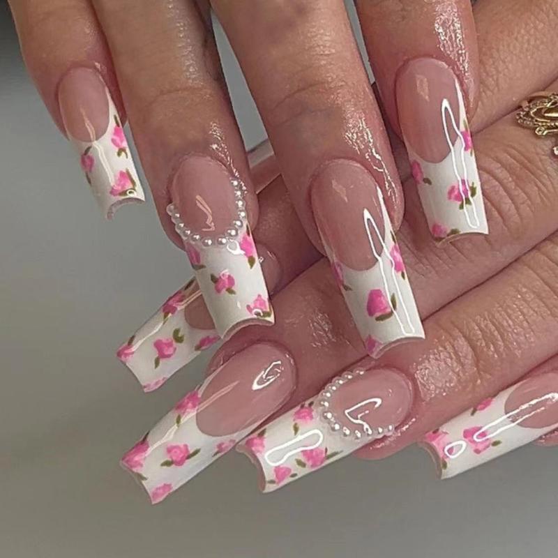 

BEPAN 24Pcs Elegant Ballet Press-On Square Nails Pink French Tips with Delicate Floral &Pearl Accents Perfect for Spring Occasions