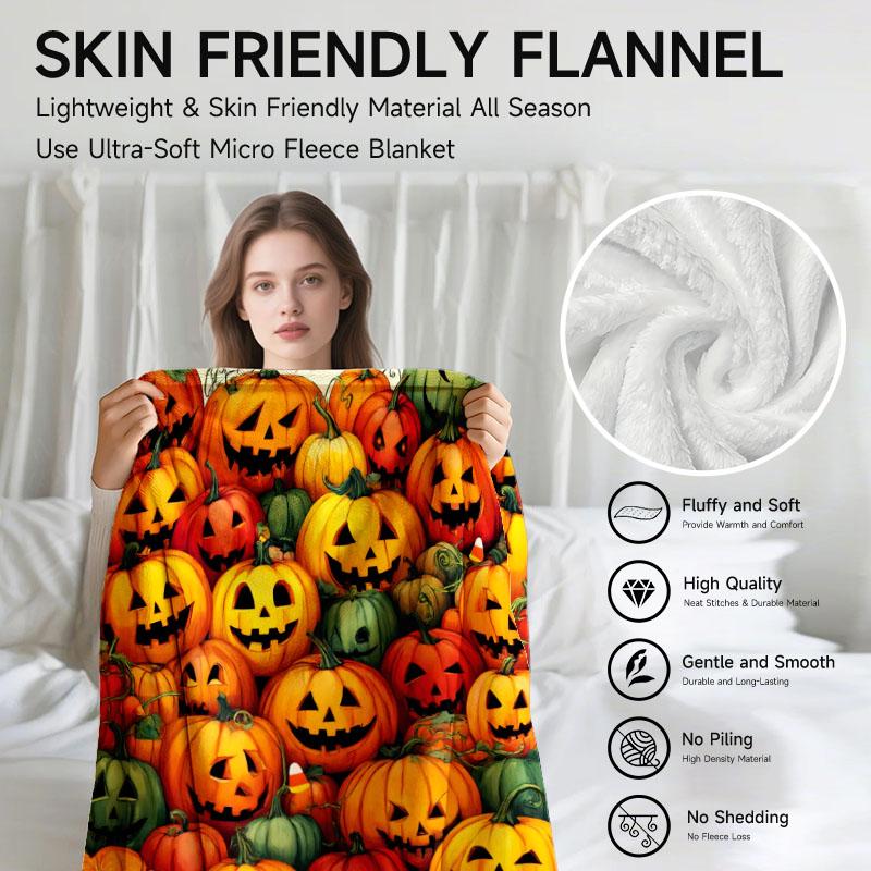 1 Piece Halloween Pumpkin Theme, Orange and Green Flannel Blanket, Soft, Suitable for Sofa, Bed, Office, All-season Use.