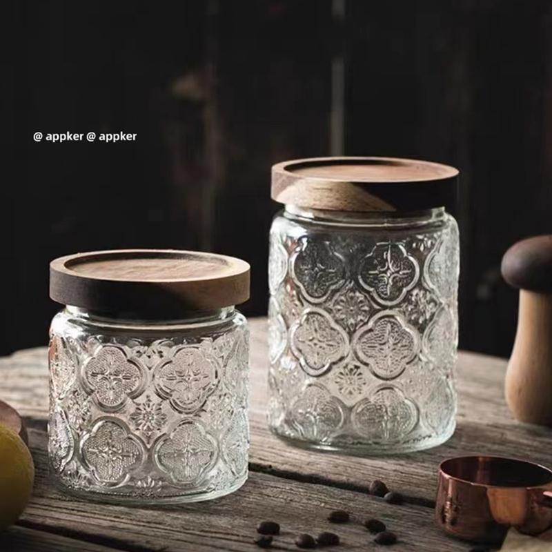 KEMORELA Vintage Glasbehälter Vorratsglas mit Dichtung Holzdeckel Retro Design Holz Glas Luftdichter Behälter Geprägter Behälter