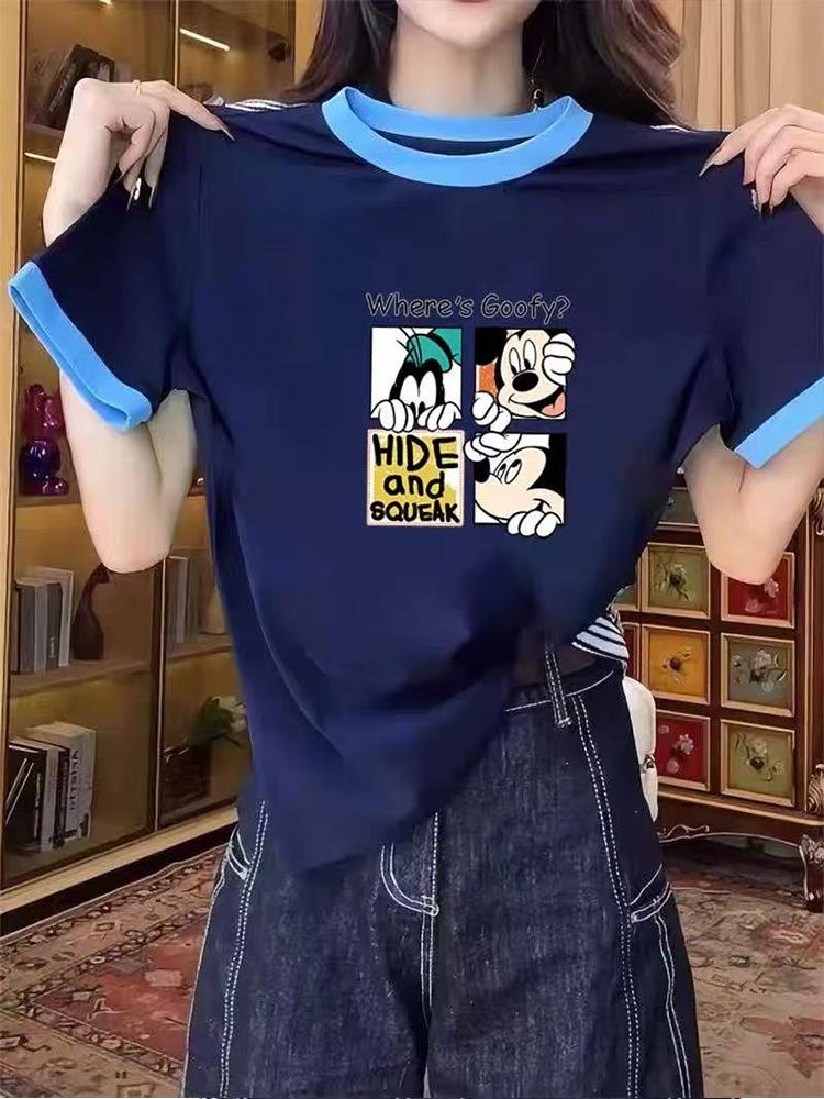 Summer new cartoon Mickey animation printing short-sleeved T-shirt women s color matching design sense versatile fashion short-sleeved top S