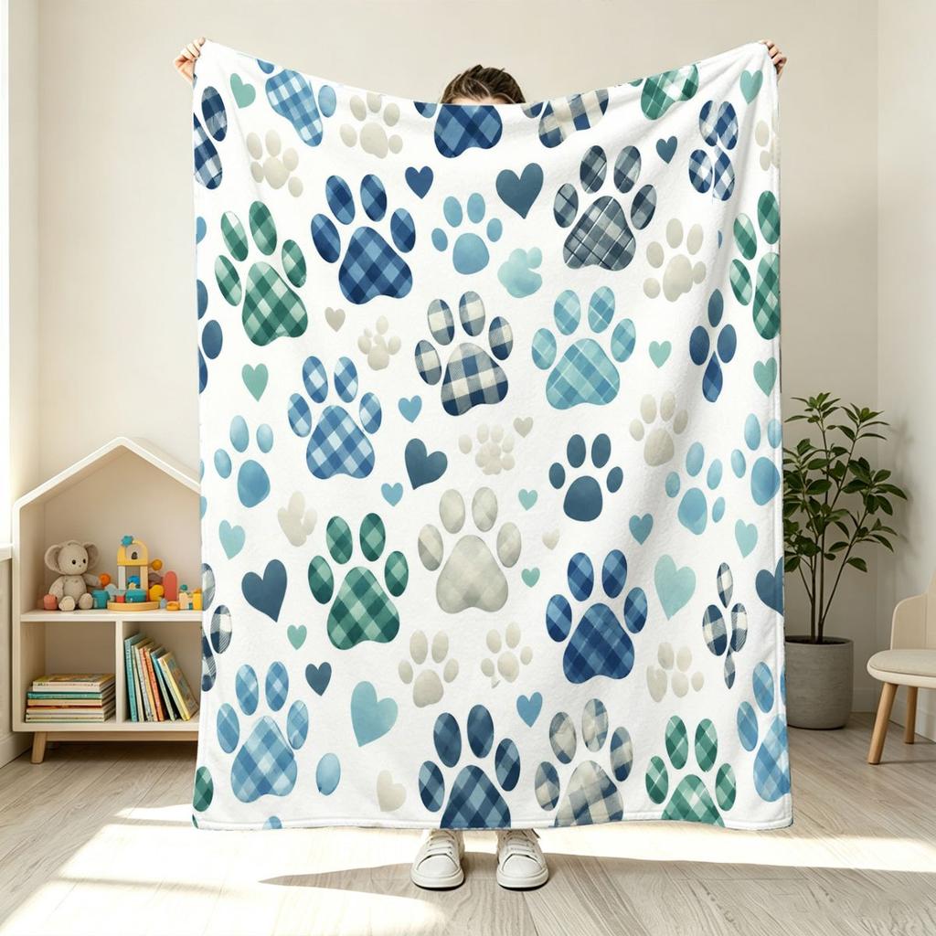 Blue Paw Print Flannel Throw Blanket, Plaid Heart Puppy Paw Pattern Soft Lightweight Blanket for Sofa Bed Pet Home Decor Gift