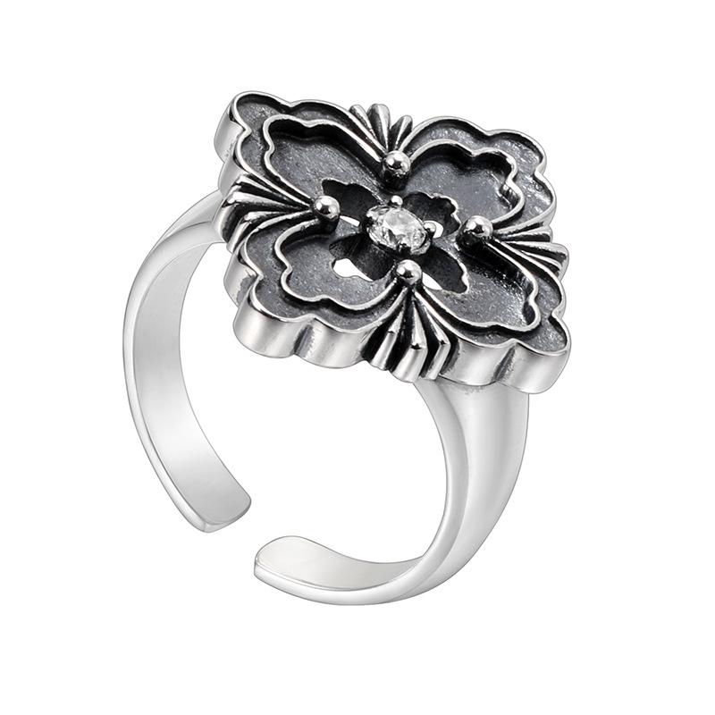 Yintai Fei Thai Silver Four-Leaf Clover Adjustable Ring - Retro Hip Hop Design for Men & Women.