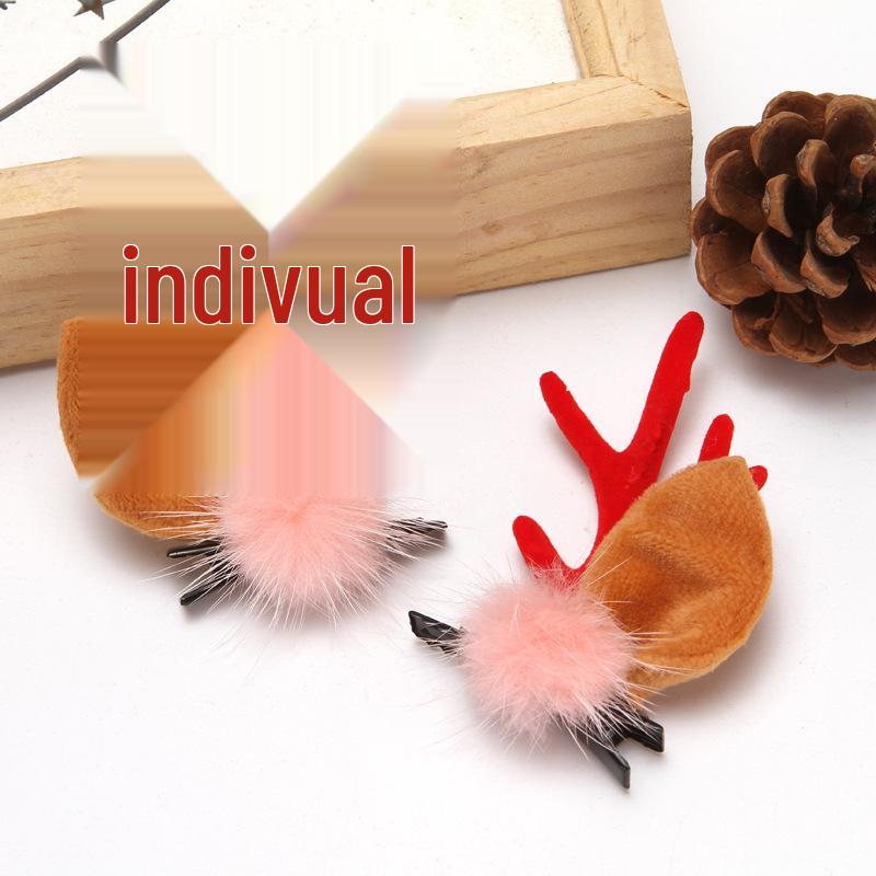 Japanese & Korean Style Flocked Coral Antler Ears Hair Clip for Christmas Photo Shoots
