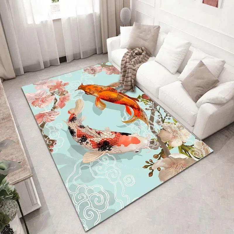 Chinese Koi Carp Ink Painting Good Luck Rug Pink Cherry Blossoms Carpet For Living Room Bedroom Home Decor Door Mat