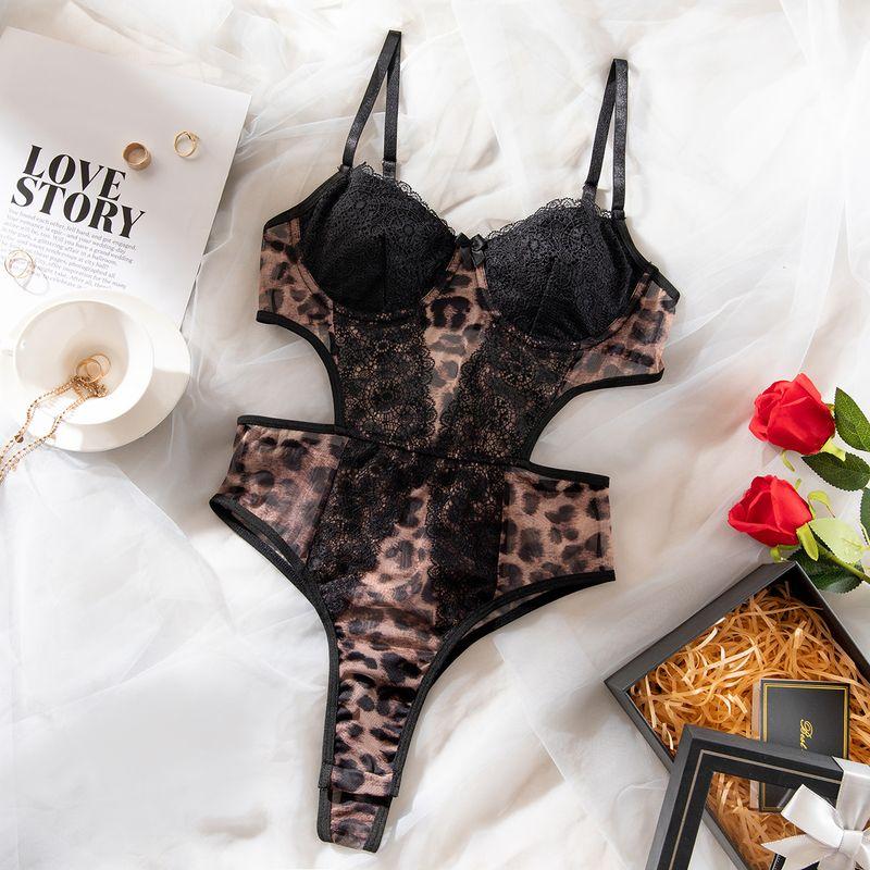 

Europe and America Cross Border Ladies New Sexy Lace Stitching Wild Leopard Print Steel Ring Gathered Body Shaping Jumpsuits Intimates Leopard print S