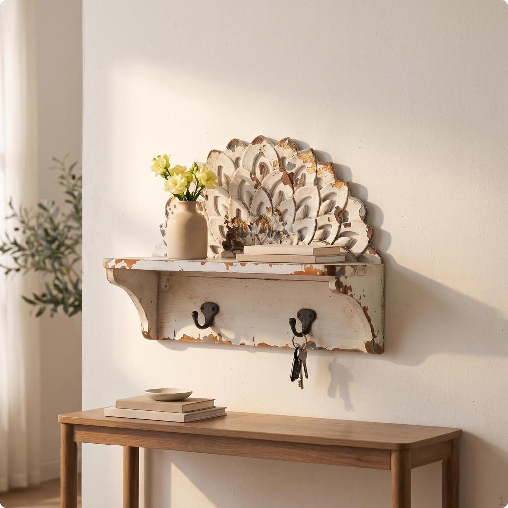 Carved Wall Shelf Distressed Wooden Shabby Chic Shelves for Living Room, Entryway, Hallway