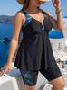 European-American Plus Size Tankini: Black Feather Print 6X Swimwear with Skirted Bottoms