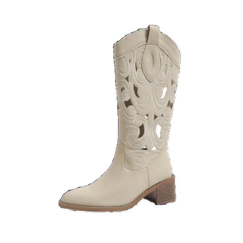Xia Yangqi women's new ethnic style western 2025 cowboy boots hollow breathable embroidery retro v-port niche super soft