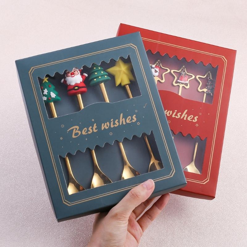 4pcs Christmas Spoons Forks with Gift Box Coffee Spoon Tea Stirring Spoon Xmas