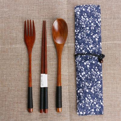 Spoon Fork Chopsticks Portable Tableware Wooden Cutlery Sets Travel Dinnerware Suit Environmental with Cloth Pack Gift