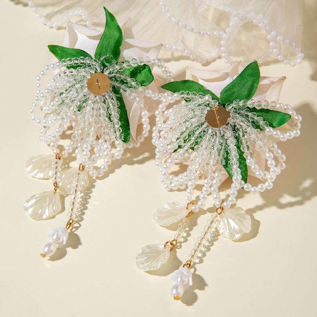 New Fresh Fabric Colored Large Flower Earrings for Women Jewelry Sweet Rice Beads Long Tassels Leaf Earrings Female Earrings