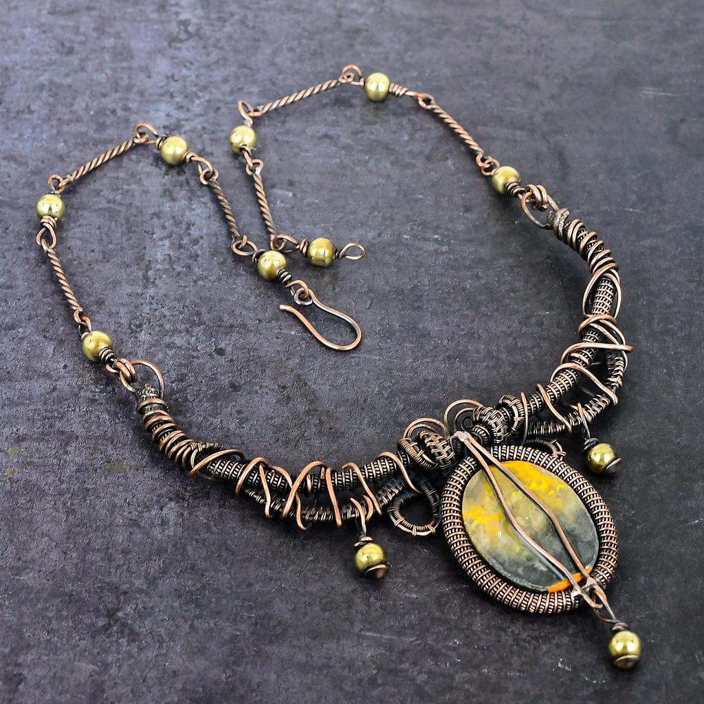 Natural Bumble Bee Jasper Gemstone Copper Wire Wrap Jewelry Necklace 18" V0O72