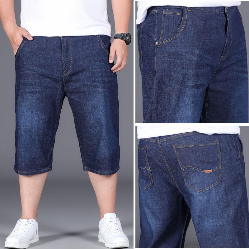 

Мужские джинсовые шорты Мужские брюки с эластичной резинкой на талии Пятиточечные брюки До колена Свободные шорты больших размеров Голубые прямые шорты больших размеров 28