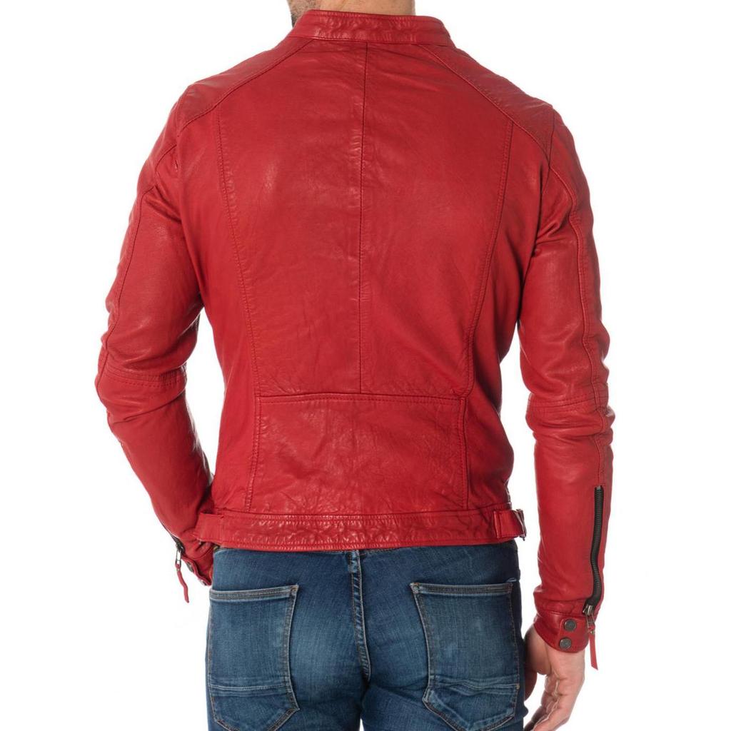 SKINOUTFIT Men's Genuine Lambskin Red Leather Jacket Stylish Motorcycle Bomber Biker Outerwear MJ 46