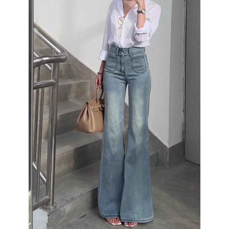 High-Waist Light Blue Washed Denim Flare Jeans for Women - Autumn 2025 Slimming Straight Leg Style