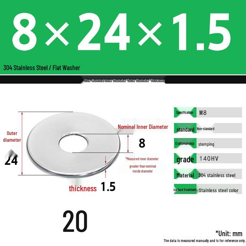 304 Stainless Steel Thickened Flat Washer Set, Sizes 2-36