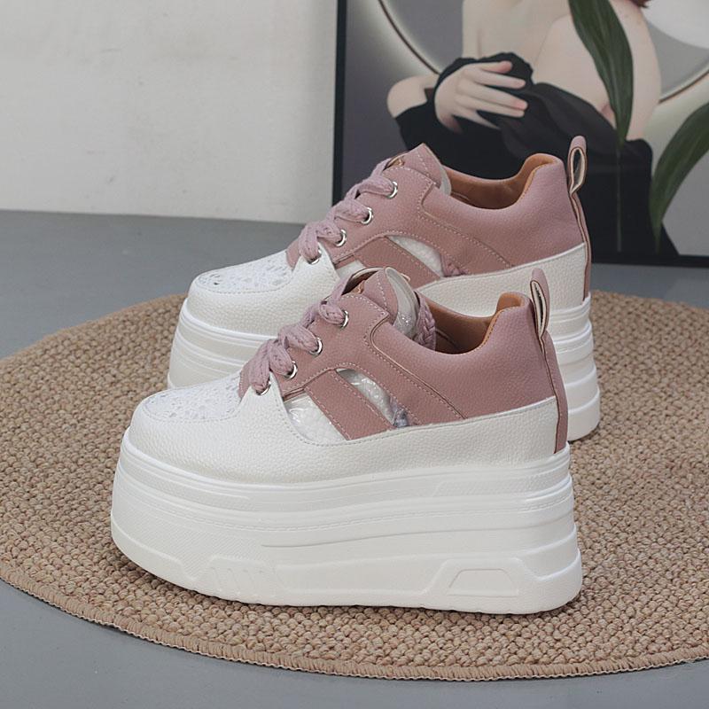 Fashion 12CM Air Mesh Genuine Leather Women Casual Platform Wedge Hidden Heel Summer Shoes Chunky Sneakers Fashion Hollow Sandals