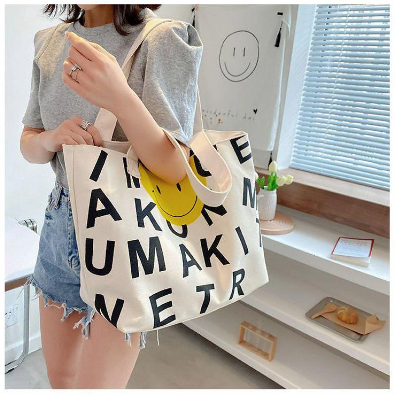 Women's Large Capacity Smiley Face Canvas Tote - Fashionable Single Shoulder Shopping Bag
