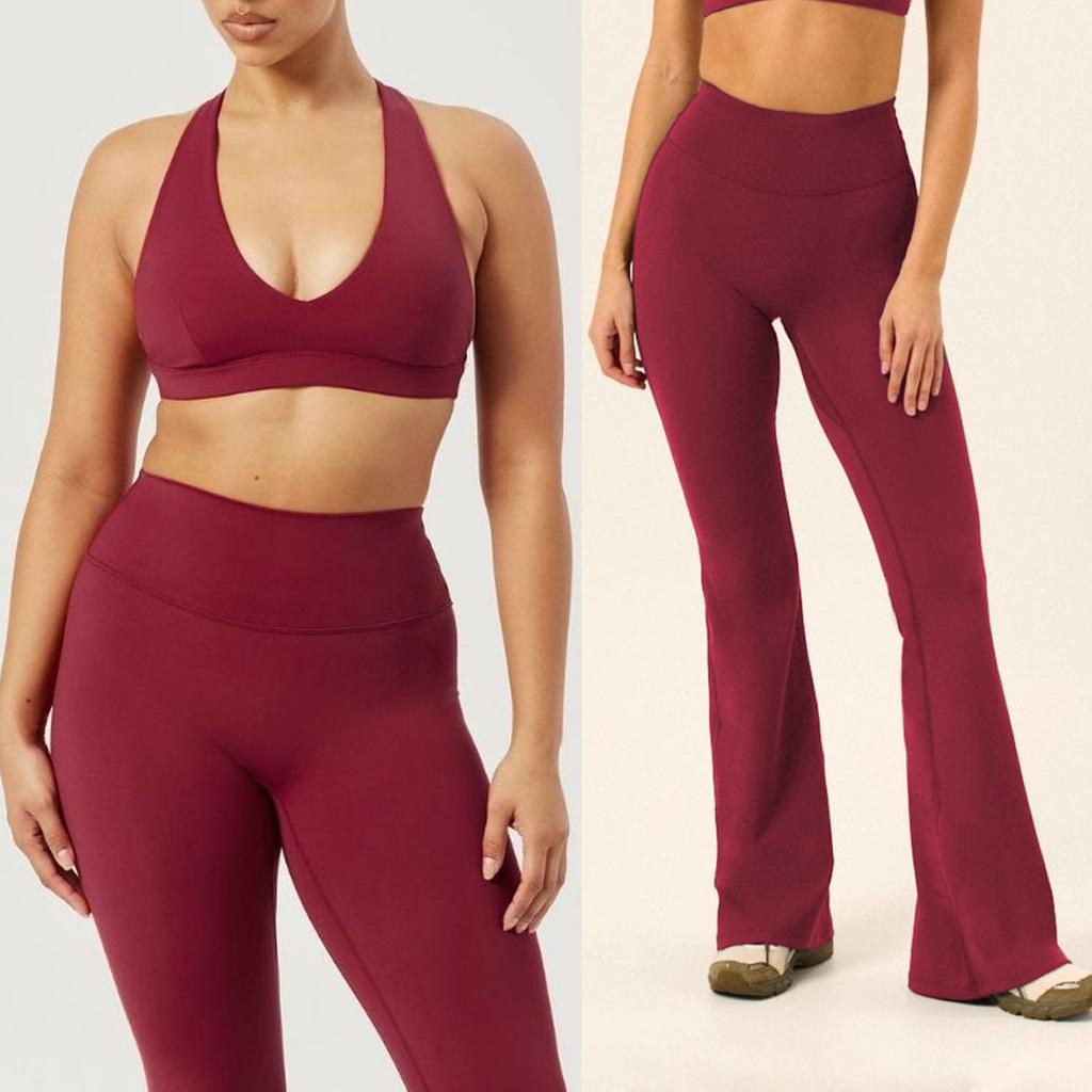Seamless Yoga Suit Neck Bra Flared Pants Fitness Running Sports Fitness Suit Pilates Suit