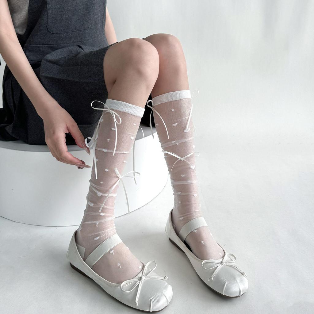 Sommer Ultra Dünne Streamer Schleife Spitze Wadenstrümpfe für Damen Cremeweiß JK Kristallseide Süße Socken