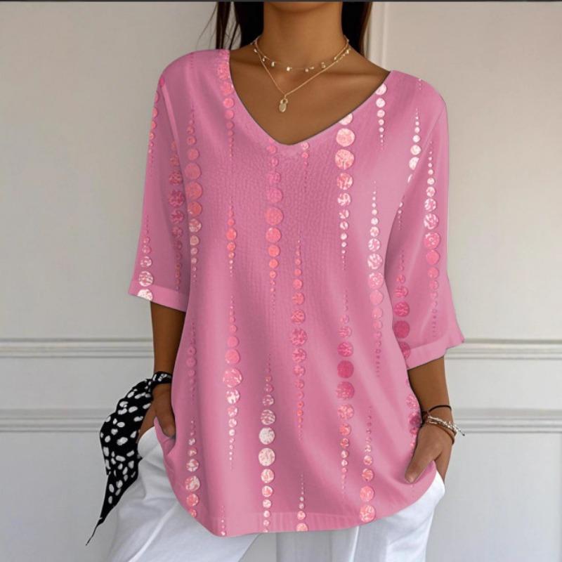 Women Casual Loose V Neck Mid Sleeve Digital Print T Shirt Top S
