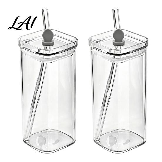 Elegant Glassware for Wedding Gifts Glass Cup with Lid And Straw Square Clear Borosilicate Heat Resistant Kitchen Tumbler Portable Drinking