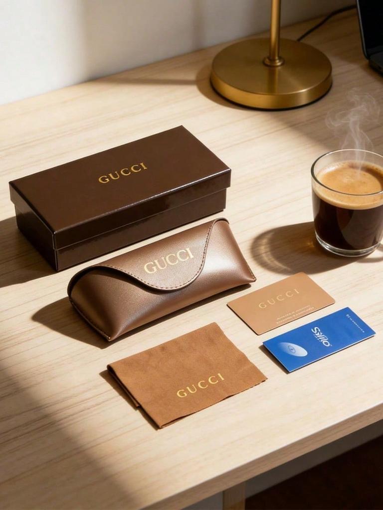 Gucci brown leather hard-case sunglasses case with gold logo