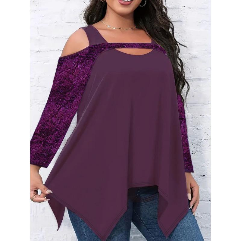 Vår Höst Street Style Urskuren Paljetter Oregelbunden T-shirt Kvinnor Långärmad Off Shoulder Pullover Tee Topp