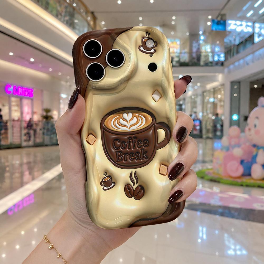 Latte Coffee Break Theme Wavy Edge Phone Case For iPhone 17 16 15 14 13 12 11 8 7 Plus Pro Max Soft Silicone Back Cover