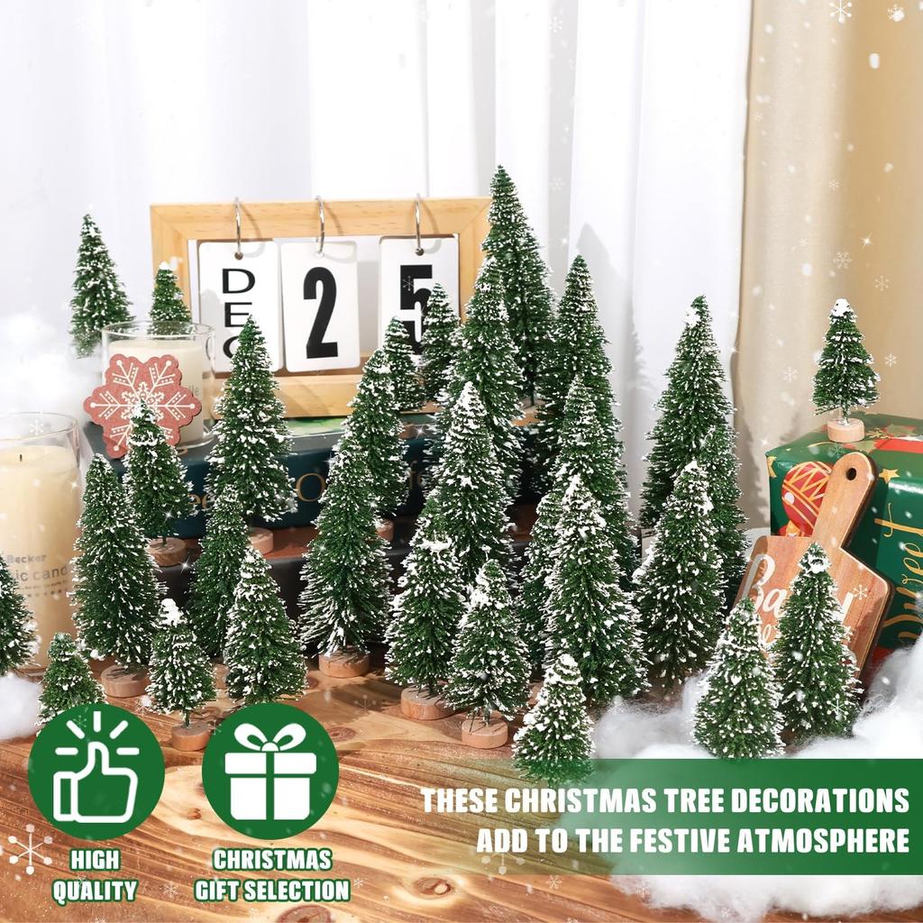 A Set of Five Sizes Mini Christmas Trees Artificial Bottle Brush Trees with Wooden Base ForChristmas Home Table Craft Dress Up