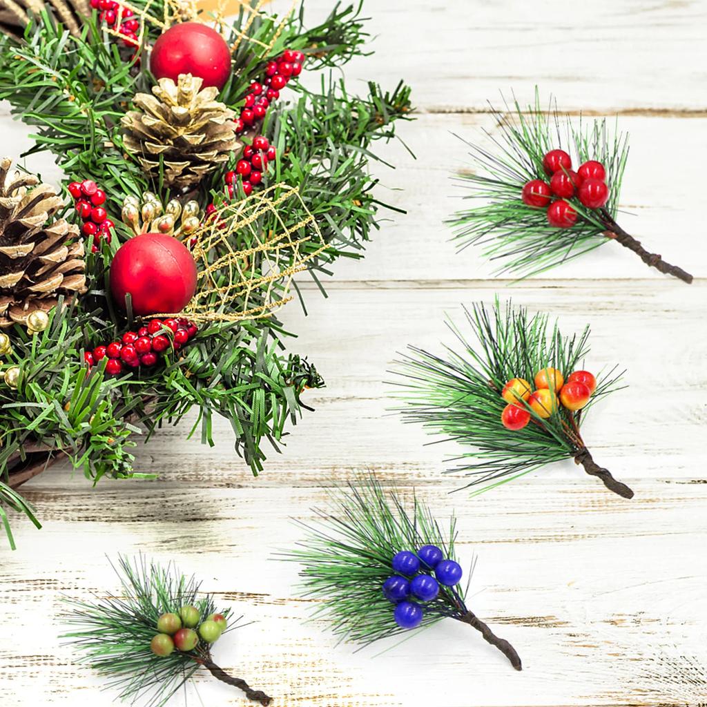 12 pièces Fait Main DIY Mini Branches de Pin Aiguilles Baies Rouges Accessoires Couronne de Noël Boîte Cadeau Plantes Artificielles Arrangement Floral