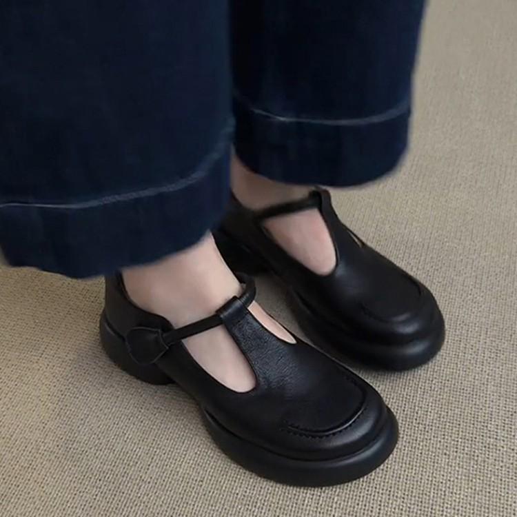 Soft Leather Version~ Retro Simple Round Head Platform Mary Jane Shoes Women's Commuting Versatile Casual Black Small Leather Shoes Single Shoes