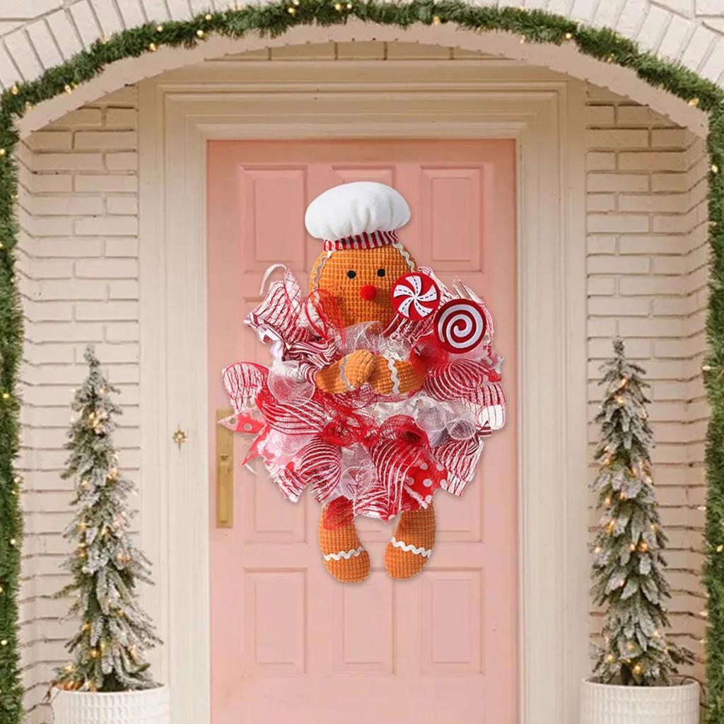 Gingerbread Man Doll Christmas Wreath Decoration Ornaments Holiday Front Door Hanging Wreath Xmas Party Home Garland Decor