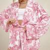 2 Pcs/Set Women Shirt Shorts Suit Printed Lace-up Stand Collar Long Sleeves Cardigan